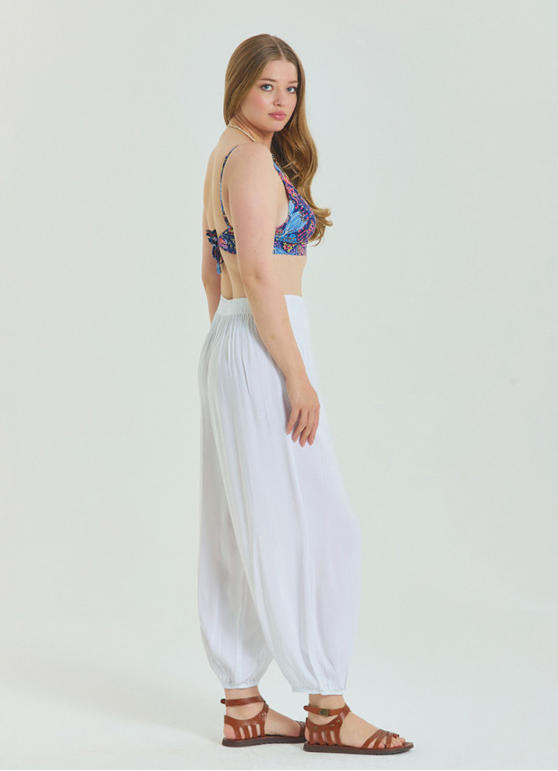 Elastic Waist Relaxed Cut White Plus Size Trousers 4628